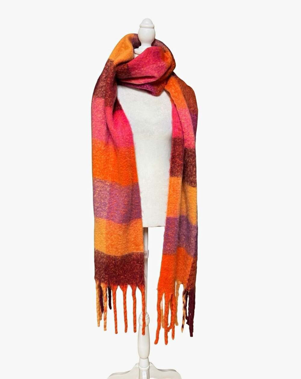 Anthropologie Oversized Plaid Scarf 18x100 Pink Orange Purple Fringe Blanket